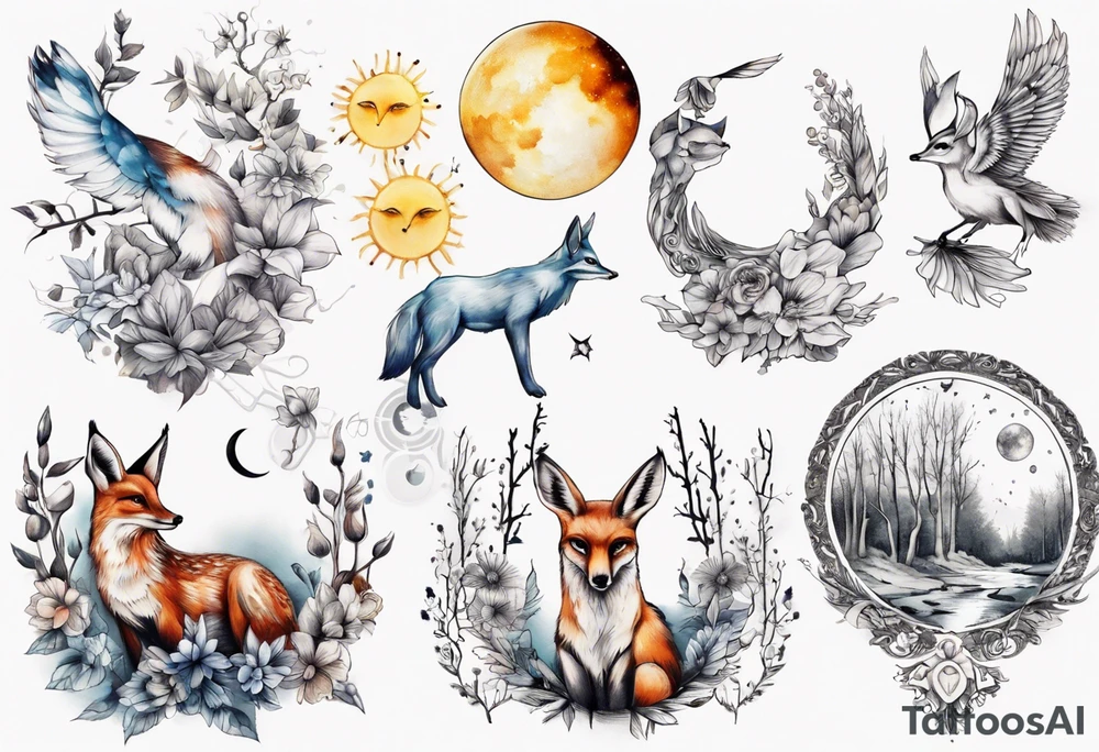 wasser sonne und mond fuchs eule kolibri wald hirsch blume des lebens 
baum berlin tattoo idea