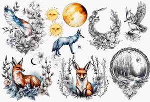 wasser sonne und mond fuchs eule kolibri wald hirsch blume des lebens 
baum berlin tattoo idea