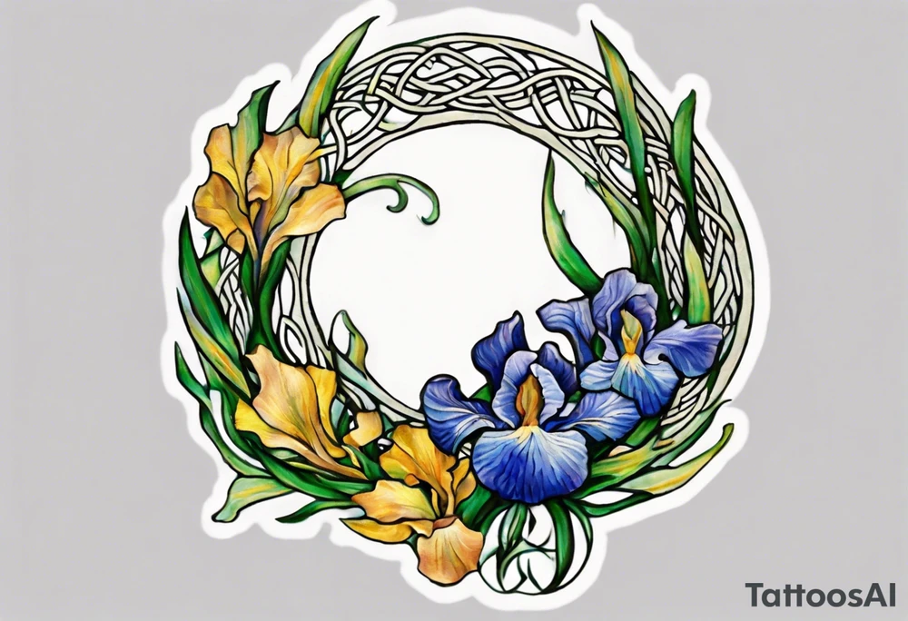 Create a small, colorful Vincent van Gogh Irises tattoo in the form of a crescent, with vines in Celtic knot style gracefully intertwining at a central point in the middle of the wreath. The intended placement is on the upper chest. The middle needs mountains. The overall design should be small in size while maintaining a delicate and artistic aesthetic. Pay attention to the graceful flow of the vines and the placement of the irises to achieve a refined and elegant look. tattoo idea