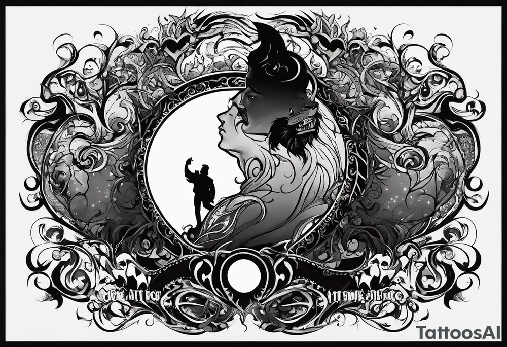 Creator for me a tatto design that consist in the following description, a man being held by the neck by his heart representing the emotions and fellings that make him stuck inside himself, on his side a beast represeting the rage and inner fury inside, glowing with all the mistakes that were made. On the other side a angelical creature, try to preserve the good side of him, and wanting him to follow a good path. tattoo idea