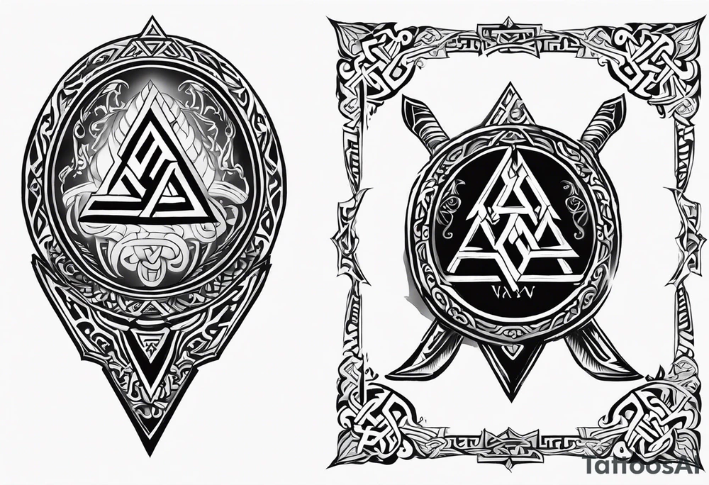 Valhalla sword shield axe Valknut fog tattoo idea