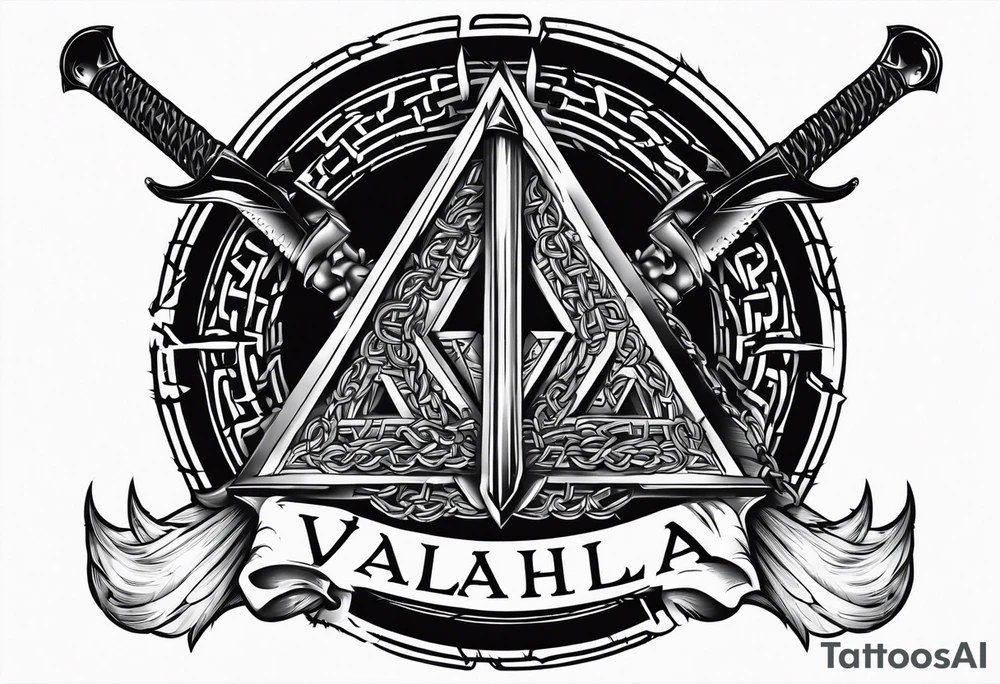 Valhalla sword round
shield axe barbed wire chains dark cloud valknut tattoo idea