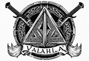 Valhalla sword round 
shield axe barbed wire chains dark cloud valknut tattoo idea