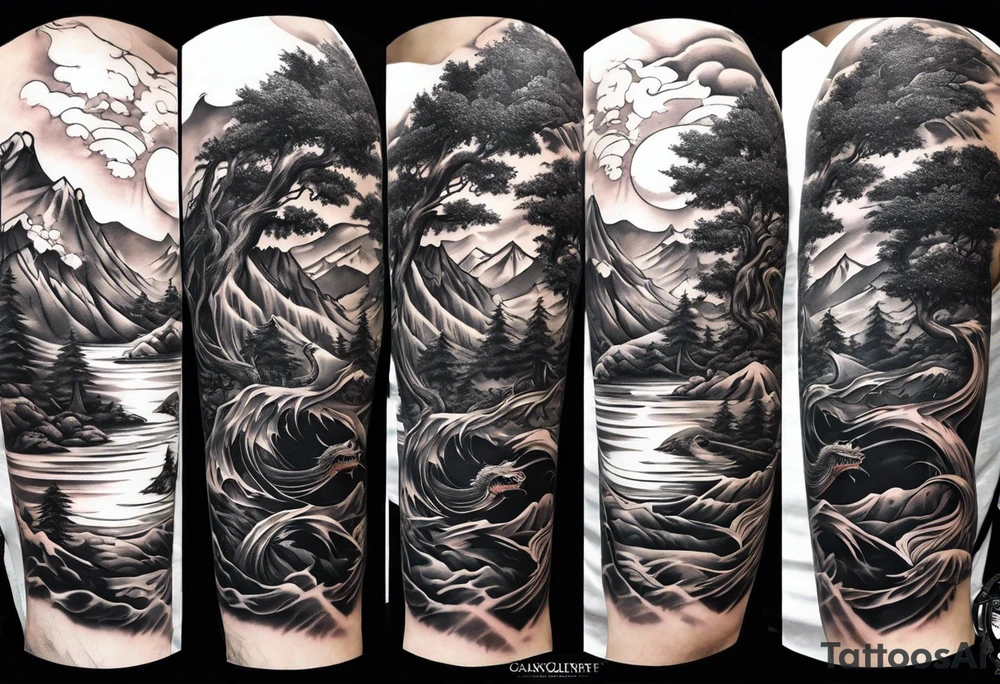 Full arm sleeve, tree going up to shoulder dead tree going down to wrist, wrapped in a serpent moving down with mountain, water, and demon tattoo idea