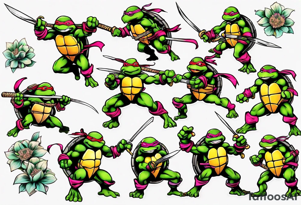 teenage mutant ninja turtles fighting with floral accents tattoo idea
