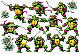 teenage mutant ninja turtles fighting with floral accents tattoo idea