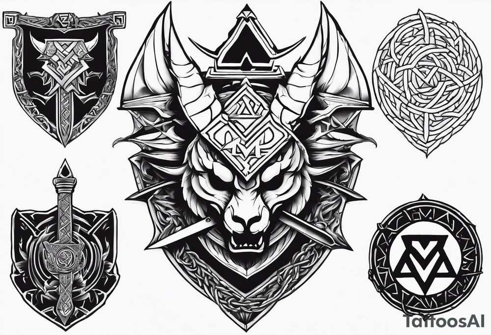Valhalla sword shield dragon axe Valknut barbed wire
steps tattoo idea Valhalla sword shield dragon axe Valknut barbed wire
steps tattoo idea