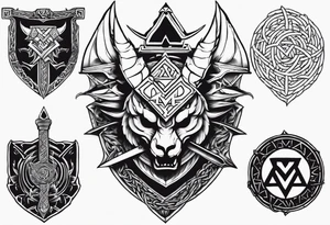 Valhalla sword shield dragon axe Valknut barbed wire 
 steps tattoo idea