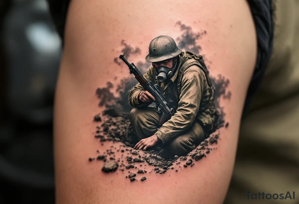 A World War I soldier in tattered olive-green uniform, crouching in a muddy trench with a helmet, gas mask, and rifle, surrounded by dark gray smoke. tattoo idea