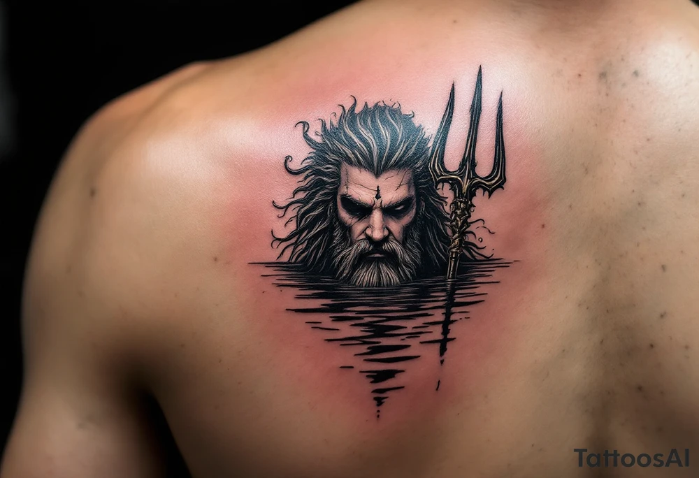 poseidon with trident half way in calm water tattoo idea