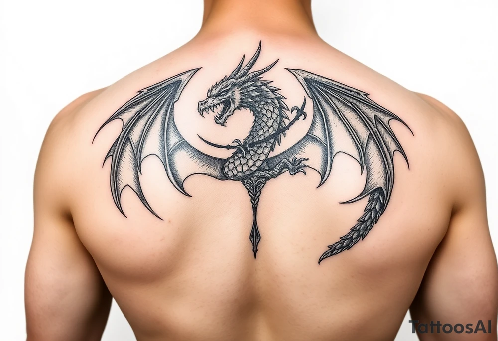 dragon tattoo full back medieval style black and white powerful tattoo idea