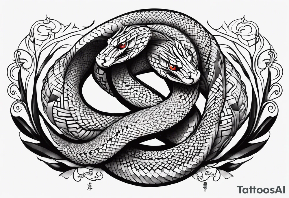 Double head snake tattoo for placement along the spine in japanese style to symbolise a journey of healing and transformation with reference to being a twin tattoo idea