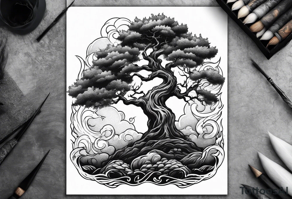 enormous old tree engulfed in flames of fire tattoo idea