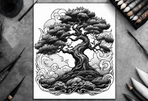 enormous old tree engulfed in flames of fire tattoo idea