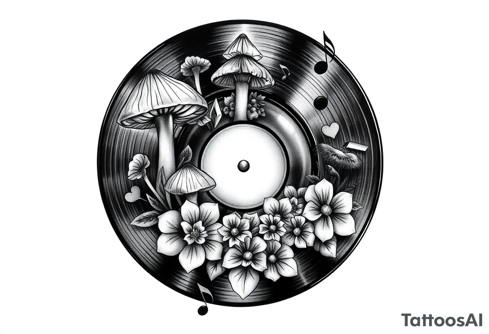 vinyl record with mushrooms, flowers, hearts, and music notes tattoo idea