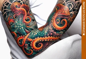 Octopus Arm Sleeve with fall colors tattoo idea