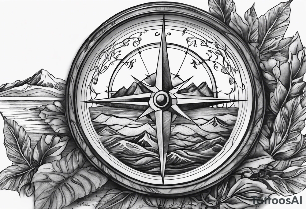 Long Vine branch mountains sea 
music compass tattoo idea