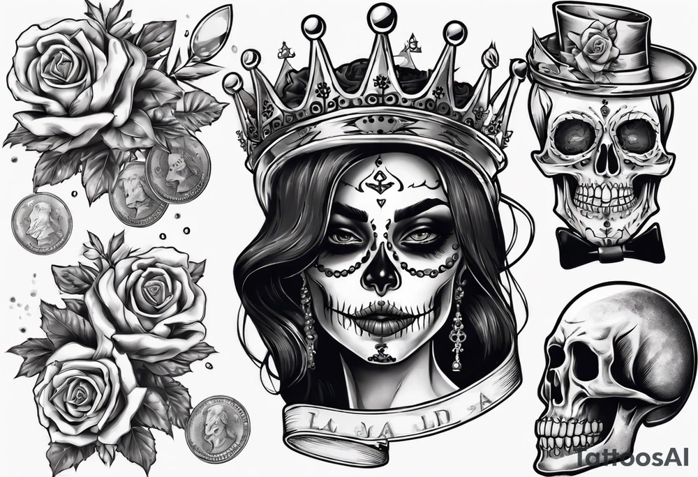 santa la muerta with money and crown
on the card tattoo idea