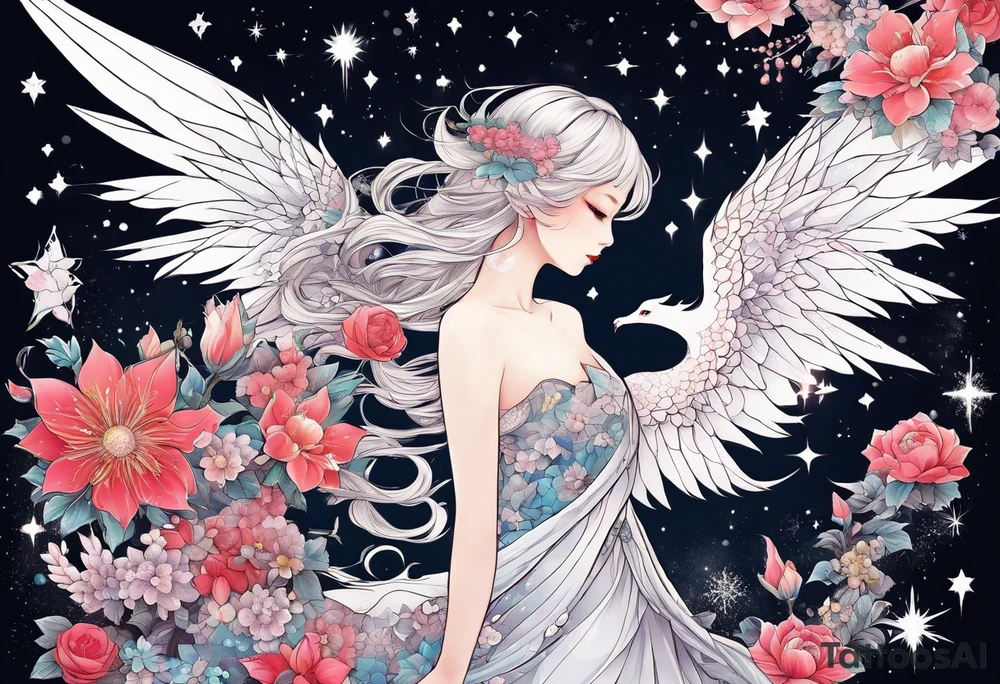 Constellation, wing , snow , cross , dragon female japan kawaii , flower tattoo idea
