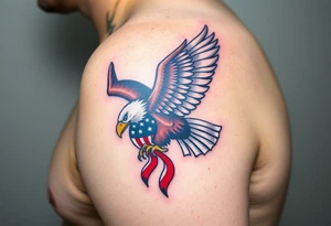 A bold American eagle clutching a tattered US flag in its talons, with vibrant red, white, and blue details tattoo idea