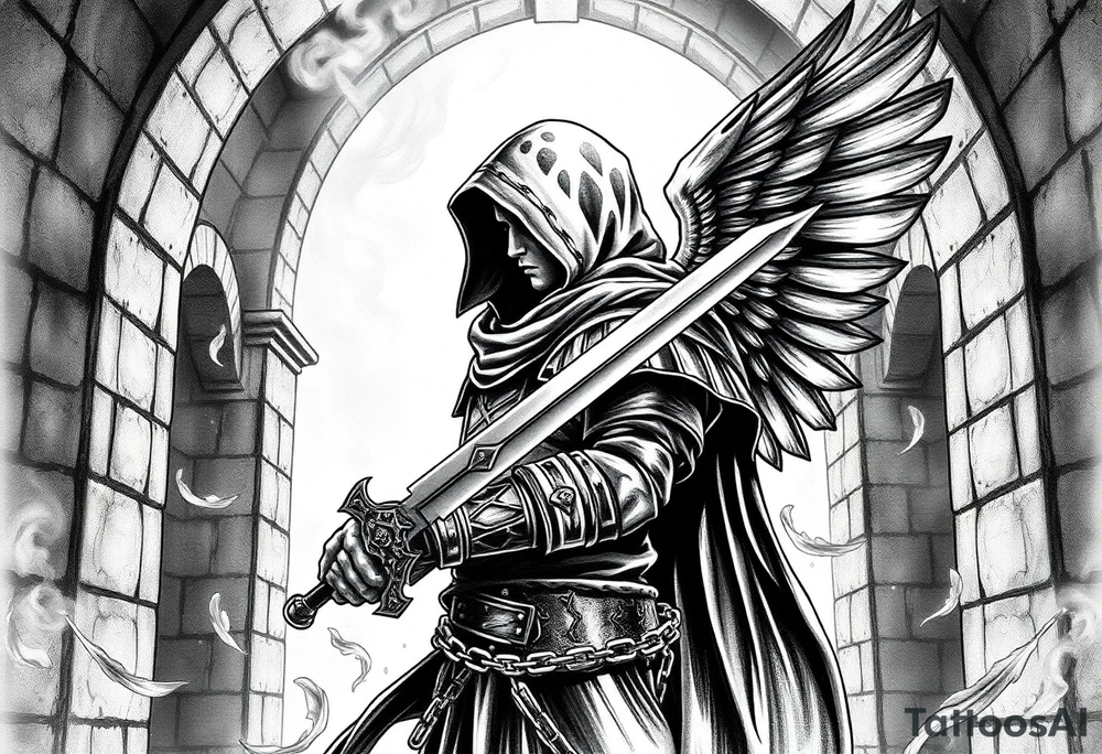 A hooded warrior-angel with obsidian armor wrapped in chains, wielding a glowing sword against a backdrop of ancient stone archways filled with swirling smoke. Burning feathers fall around the figure while ethereal light filters through the arch. tattoo idea