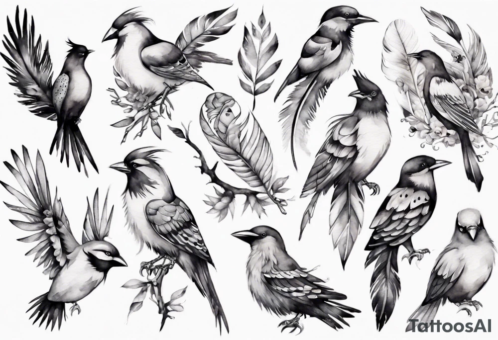 birds and feathers tattoo idea