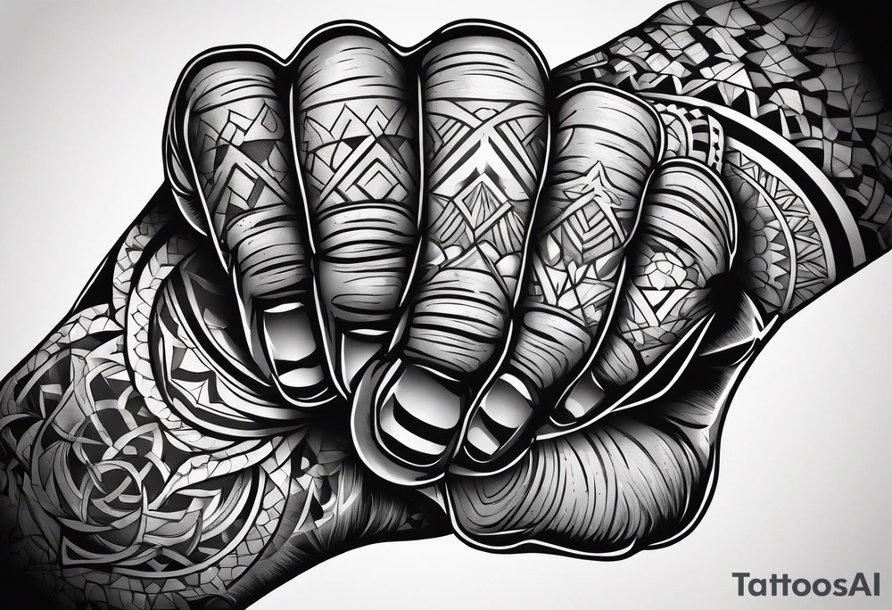 A clenched fist, the hand contains five fingers as specified, the tattoo is a back tattoo using negative space drawing techniques tattoo idea