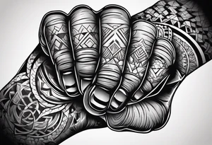 A clenched fist, the hand contains five fingers as specified, the tattoo is a back tattoo using negative space drawing techniques tattoo idea