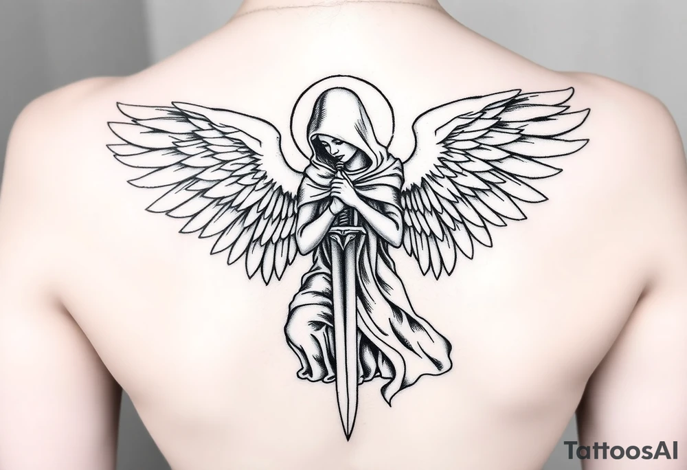 Warrior Angel with long sword  kneeling looking down cloak over head wings
 spread tattoo idea