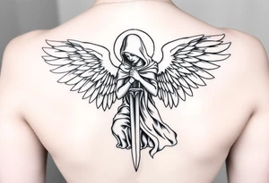 Warrior Angel with long sword  kneeling looking down cloak over head wings
 spread tattoo idea