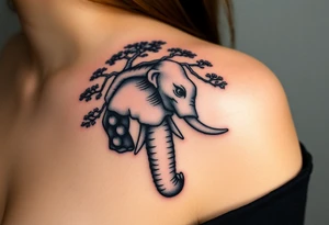 Head of an elephant with bonsai tree behind it Japanese style realistic tattoo idea
