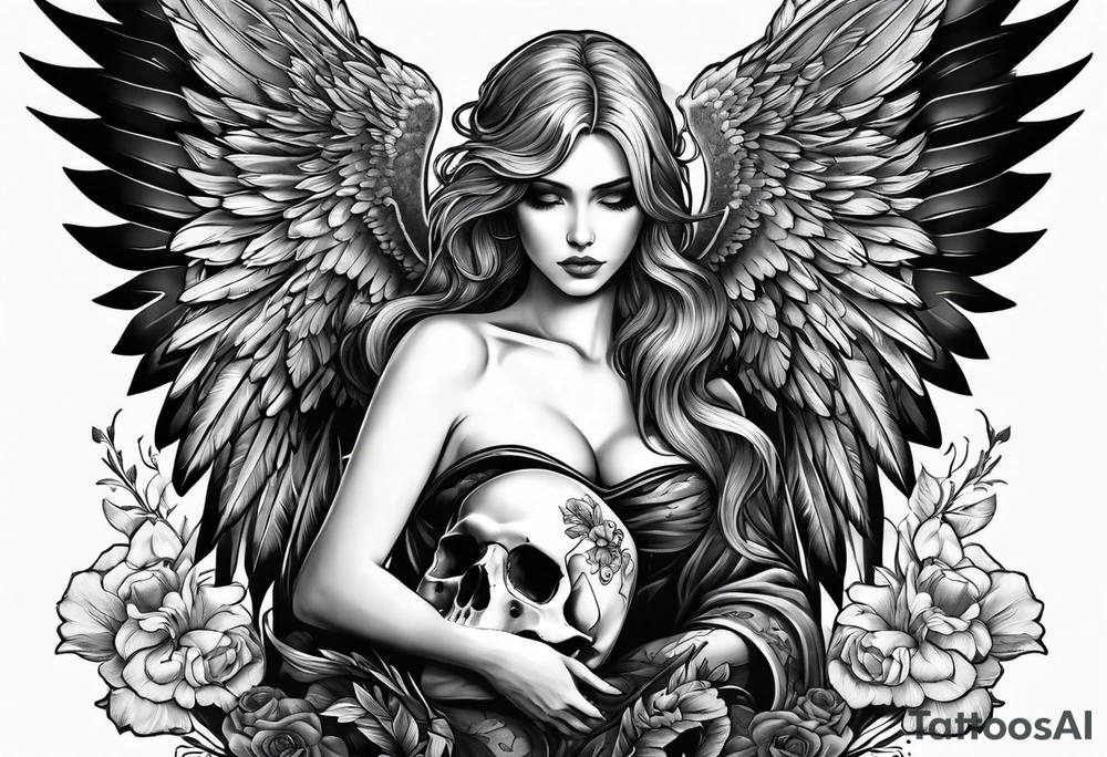Angel in black holding a skull tattoo idea