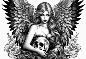 Angel in black holding a skull tattoo idea