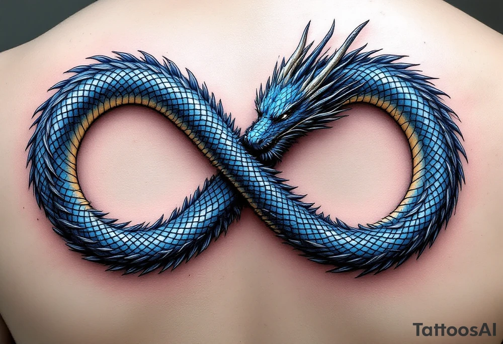 The design features a dragon, coiled in the shape of the infinity symbol (sideways number "8"). The dragon is depicted eating its own tail, symbolizing eternity and continuity, inspired by the Ouroboros.

Details:

The dragon's body has vibrant, glossy blue scales, with a smooth and polished texture.
It maintains a clean, balanced shape in the infinity figure, with sharp details and elegant flow.
Style:

The focus remains on the dragon's form, with no additional background elements to keep the design minimal and modern. tattoo idea