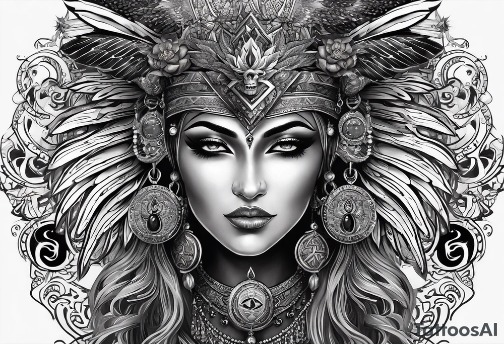 black kali, goddess pirate, alien, pachamama, valkrye, warrior, skull, lotus azul, wing, eagle, zenza resonance, stars, 5D, anahata chakra tattoo idea