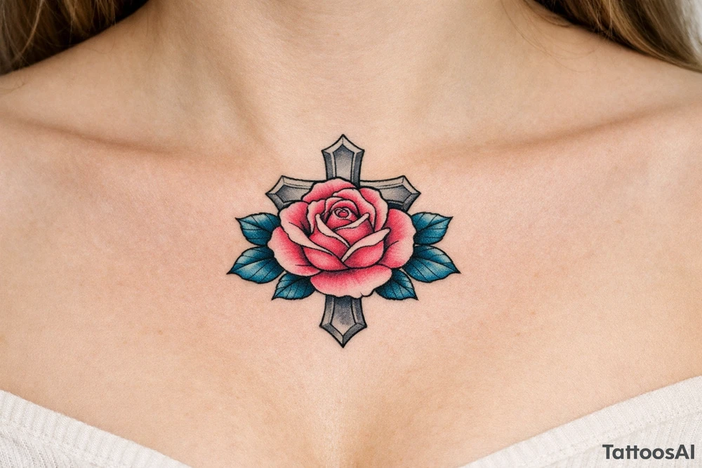 Pink rose , petrol leaves no stem, 
 cross behind it, cross is grey tattoo idea