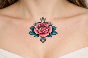 Pink rose , petrol leaves no stem, 
 cross behind it, cross is grey tattoo idea