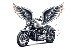 Harley grey motorcycle driving away, flames, angel wings tattoo idea