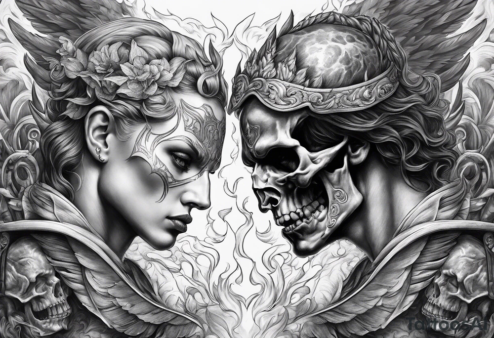Angels fighting demons over fire with skulls in the background tattoo idea