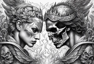 Angels fighting demons over fire with skulls in the background tattoo idea