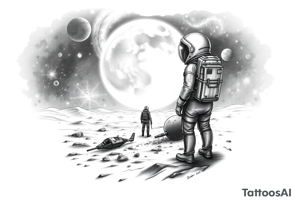 Full sleeve tattoo design for the right forearm, in realistic black and grey style.
The scene shows a lonely astronaut standing on the surface of an unknown planet, similar to the Moon’s landscape.
In front of him stretches a vast, mysterious universe filled with glowing planets, stars, and cosmic nebula light.
A few meters beside him lies a crashed and smoking spaceship, broken and damaged, showing clear signs of impact.
The image represents loneliness and survival — the moment when the astronaut realizes he is completely alone in an unfamiliar world.
The atmosphere should feel melancholic, cinematic, and deeply emotional, combining realism with fantasy.
Fine shading, detailed textures, and strong light-shadow contrast, designed to wrap naturally around the right forearm. tattoo idea