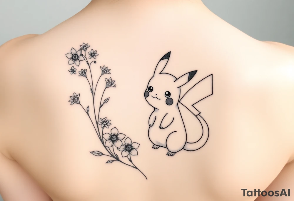 Thin outline of daffodil flowers, narcissist flowers, a cute Pikachu and Bulbasaur together tattoo idea