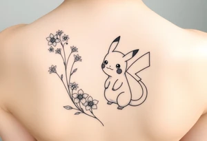 Thin outline of daffodil flowers, narcissist flowers, a cute Pikachu and Bulbasaur together tattoo idea