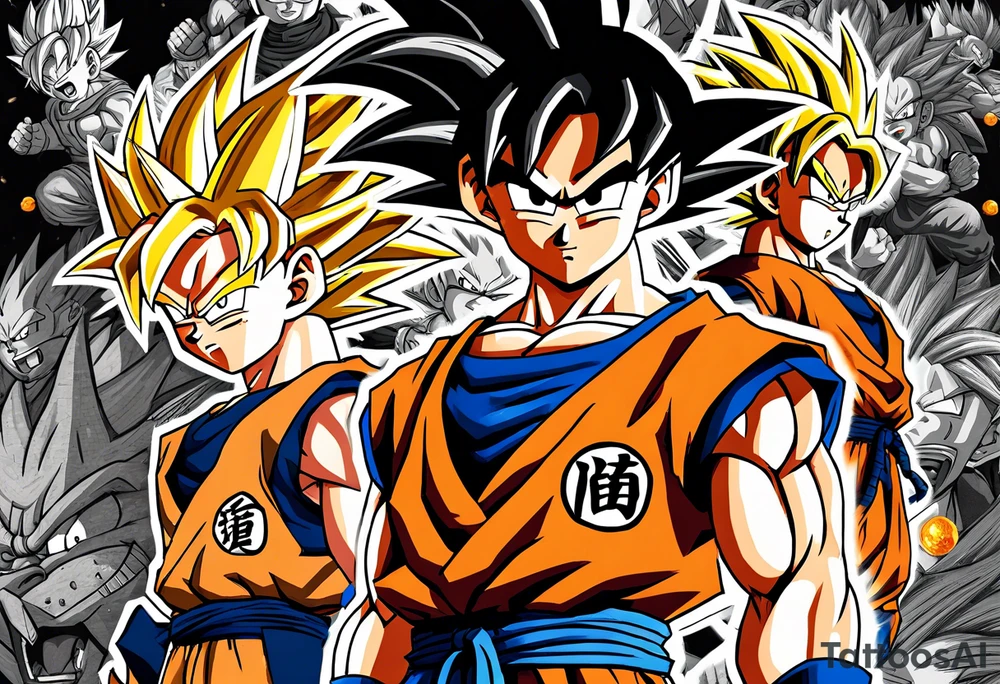 Son-Goku as a child in the foreground and an older version of him as a super saiyajin behind him. All takes place in a dragon ball tattoo idea