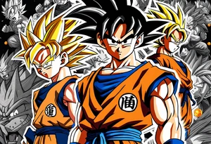 Son-Goku as a child in the foreground and an older version of him as a super saiyajin behind him. All takes place in a dragon ball tattoo idea