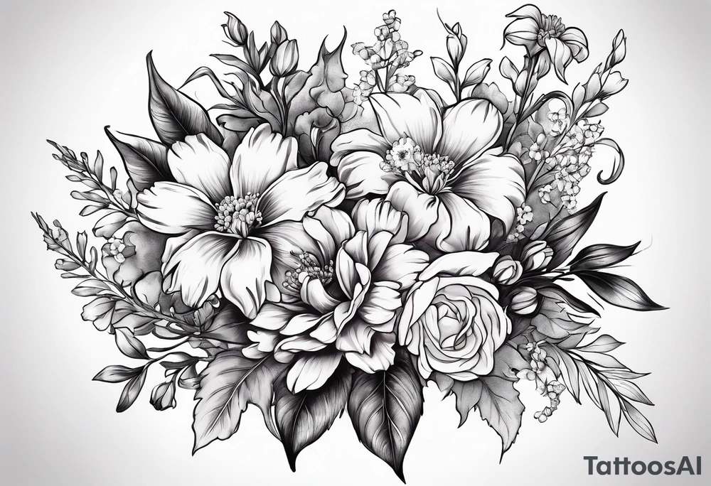 Floral bouquet with one larkspur, one carnation, one violet and one daisy with stems and bow tattoo idea