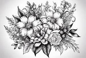 Floral bouquet with one larkspur, one carnation, one violet and one daisy with stems and bow tattoo idea