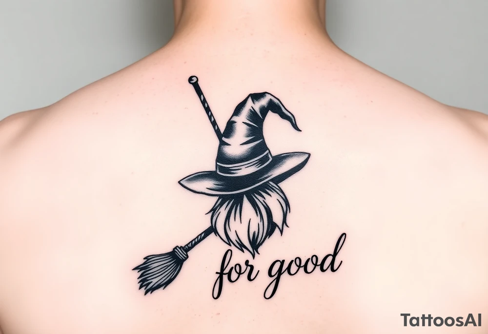 Wicked Broadway theme with a broom, witch hat, and wand. Then the lettering “for good” tattoo idea