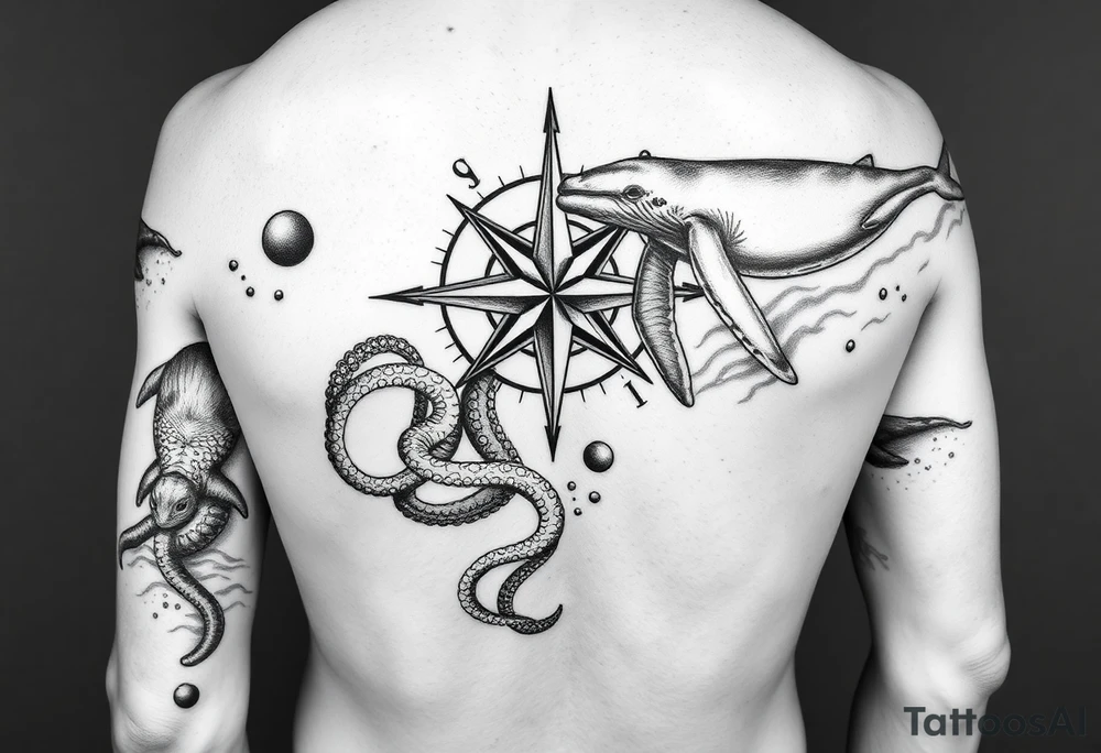 black and grey realist tattoo sleeve consisting of Compass Rose Placement: Centered on the inner forearm as a focal point.
Loggerhead Turtles: Swimming along the forearm, possibly near the wrist or upper arm.
Octopus: Wrapping its tentacles around the design, creating movement.
Whales: A large whale gliding through the upper forearm or bicep area.
Waves: Flowing throughout, acting as the background to tie everything together. tattoo idea