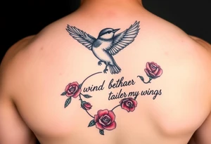 Soaring robin with trail of red rose petals with writing saying wind beneath my wings tattoo idea